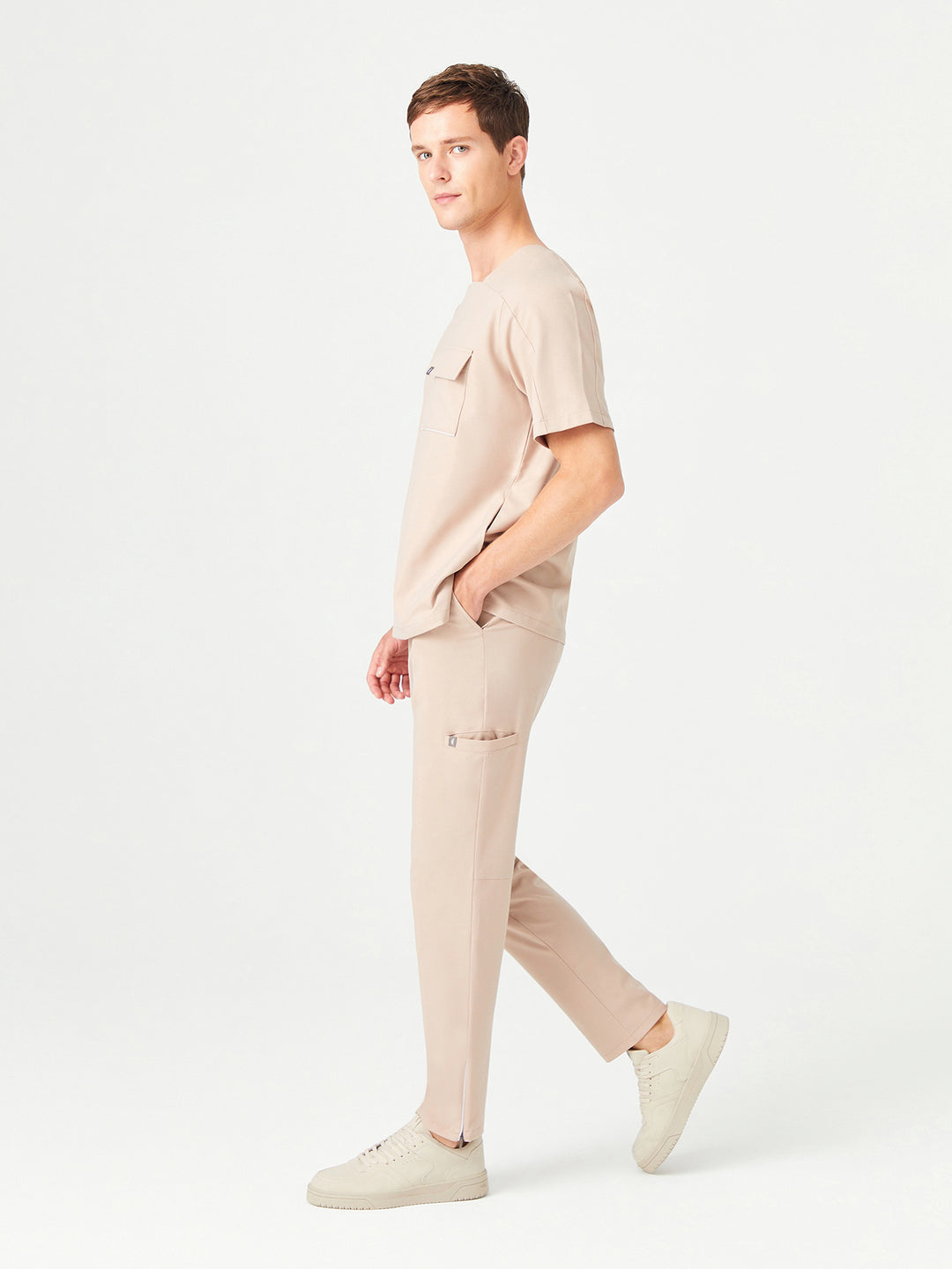 02 Erkek Kare Yaka Scrub Üst - Bej