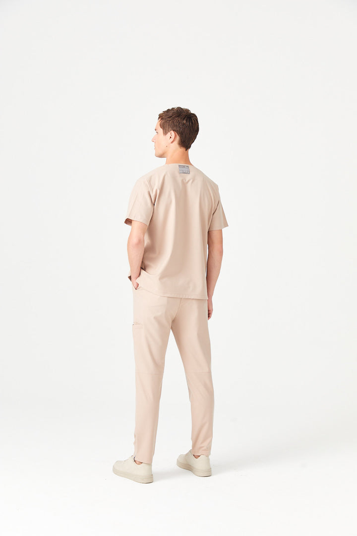 02 Erkek Kare Yaka Scrub Üst - Bej
