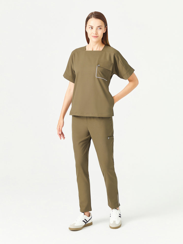 02 Kadın Fermuarlı Paça Scrub Alt -Haki Yeşil