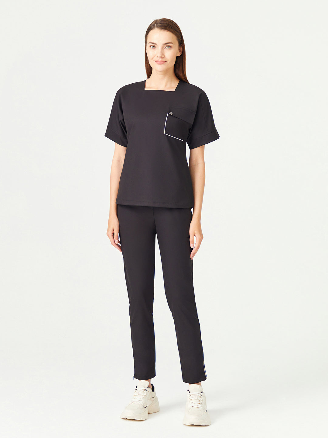 02 Kadın Fermuarlı Paça Scrub Alt - Siyah