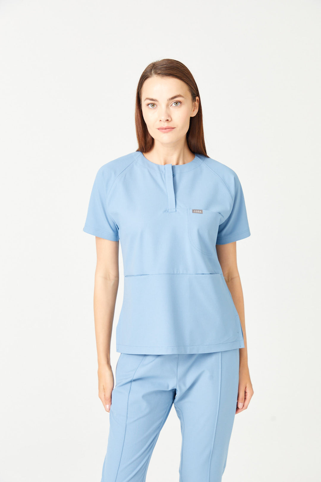 01 Kadın Sıfır Yaka Patlı Scrub Üst - Kozmik Mavi