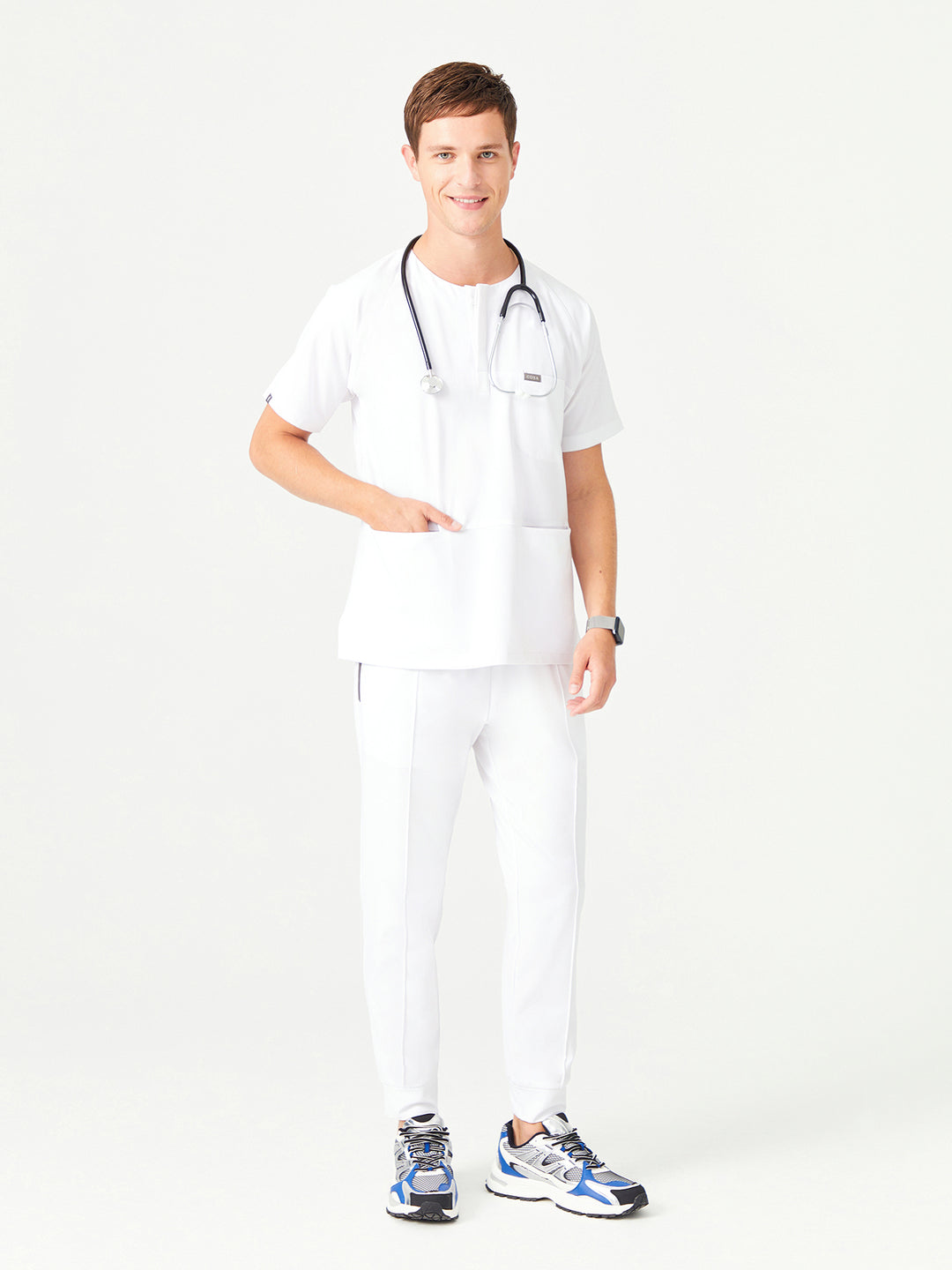 01 Erkek Sıfır Yaka Patlı Scrub Üst - Beyaz