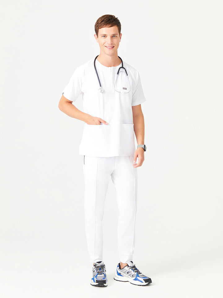01 Erkek Sıfır Yaka Patlı Scrub Üst - Beyaz