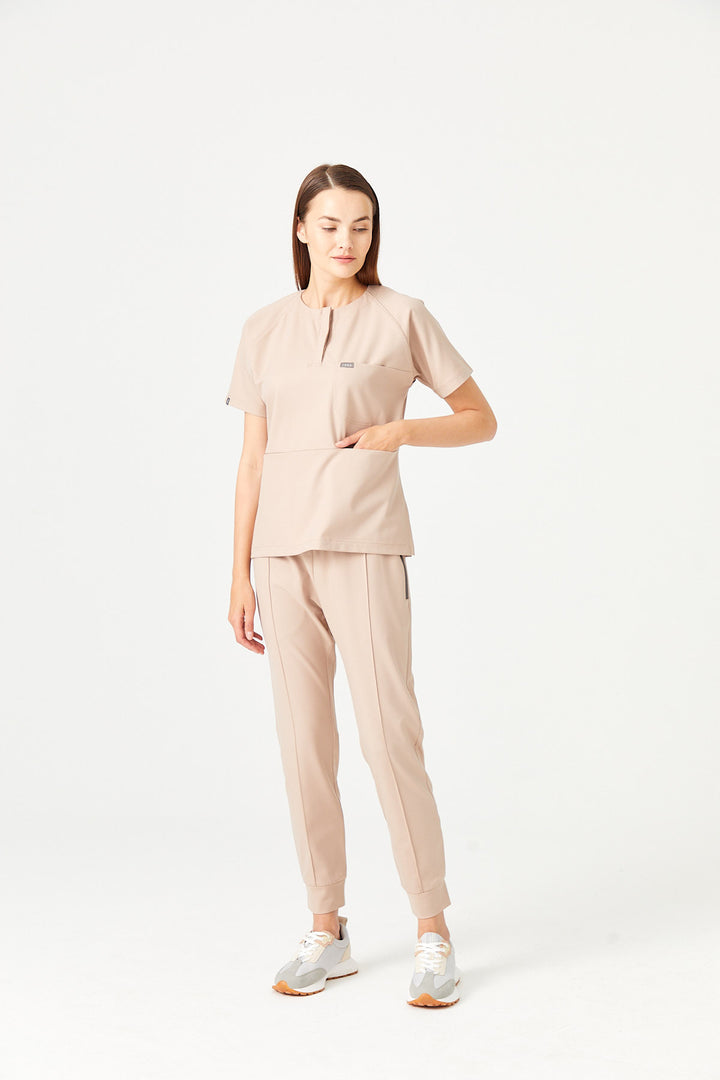 01 Kadın Nervürlü Ribana Paça Scrub Alt - Bej