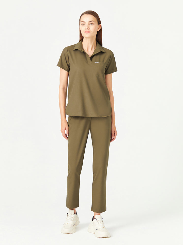 03 Kadın Gömlek Yaka Scrub Üst - Haki Yeşil